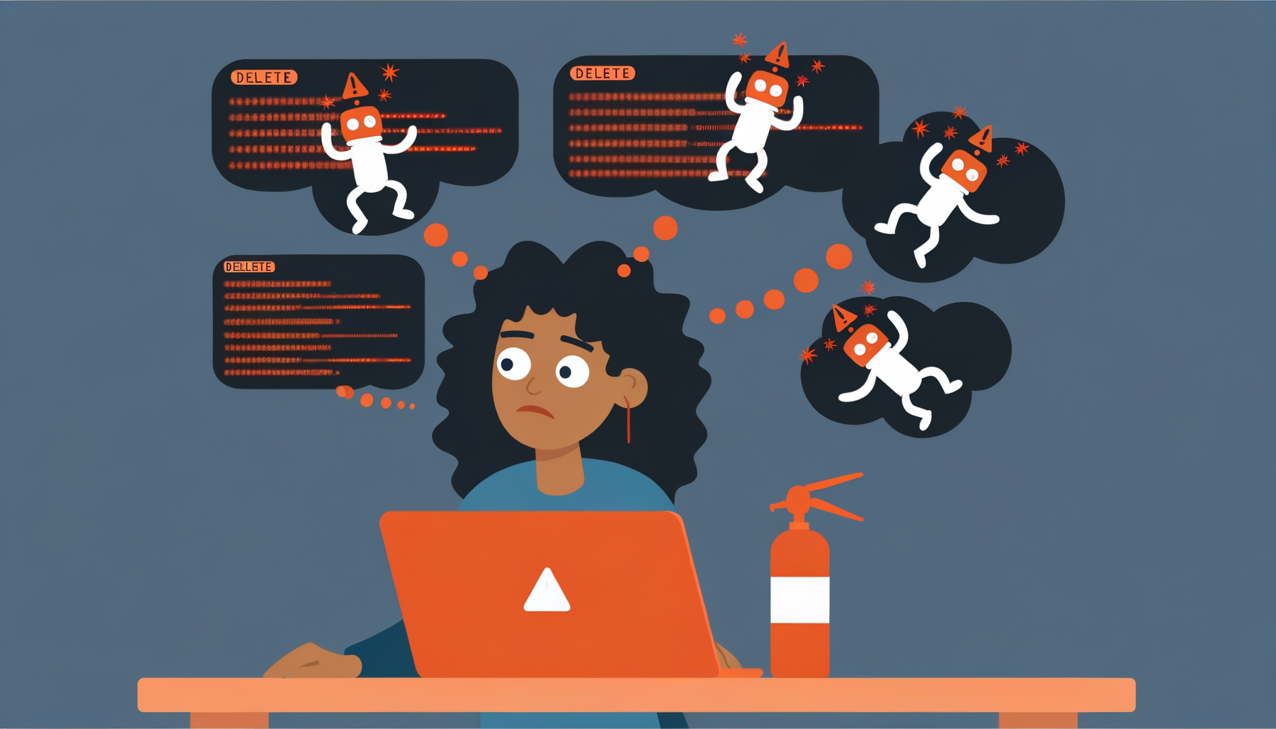 Humorous illustration: a developer surrounded by confused AI agents causing chaos