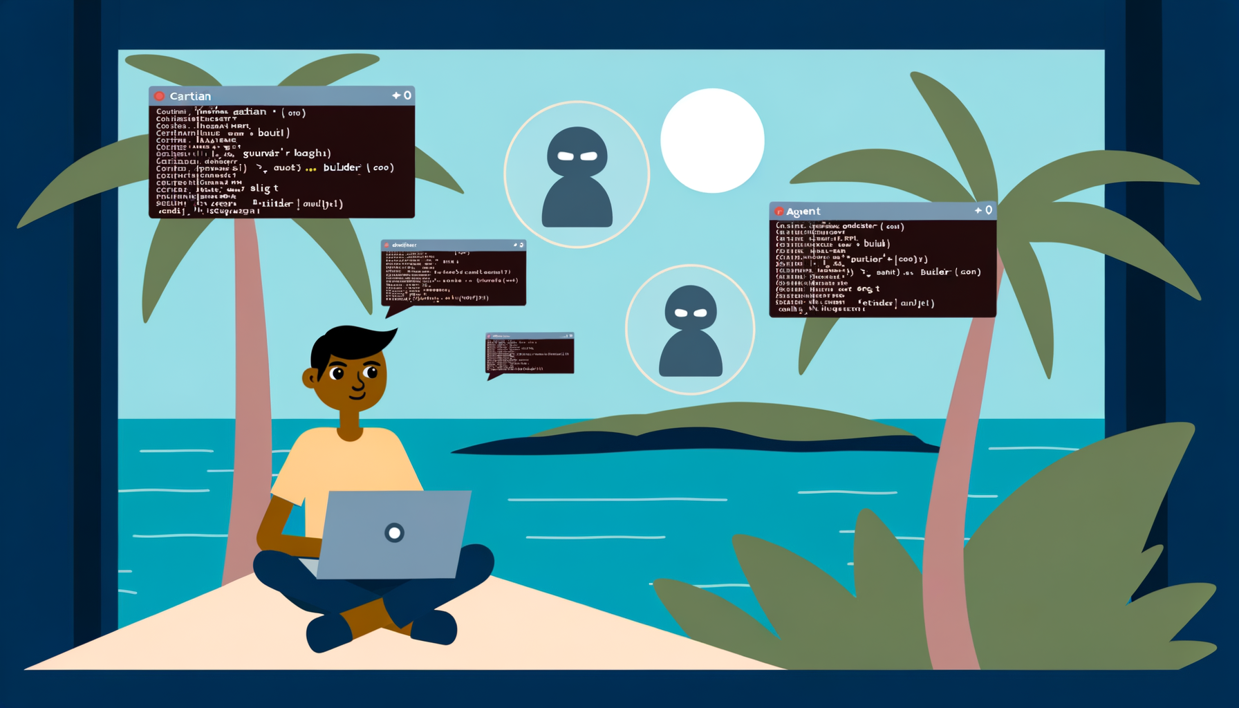 A developer on a tropical island, surrounded by floating AI agent windows