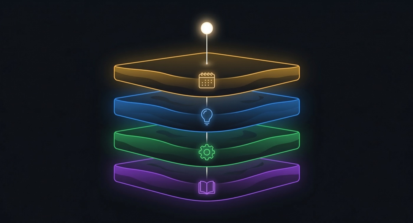 Four memory layers visualized as stacked geological strata
